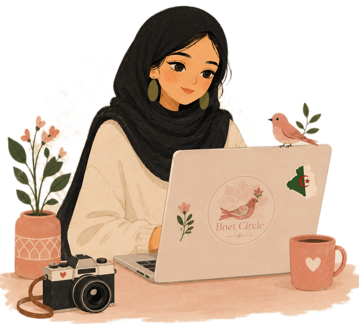 Illustration of the Bnet Circle founder, sitting at her desk with her laptop, camera and a cup of tea — welcoming girls into the circle